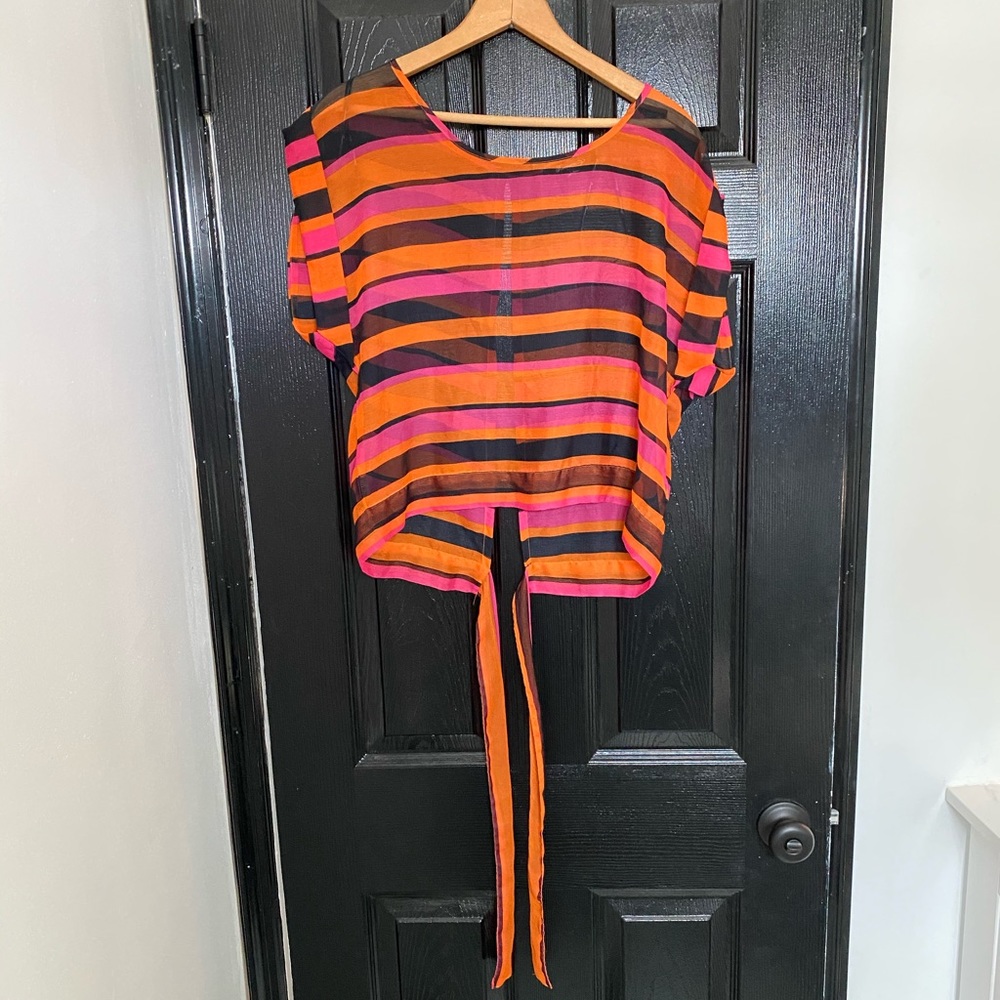 FOREVER21 S/S Stripe Transparent Open Tie Back Large Loose Top